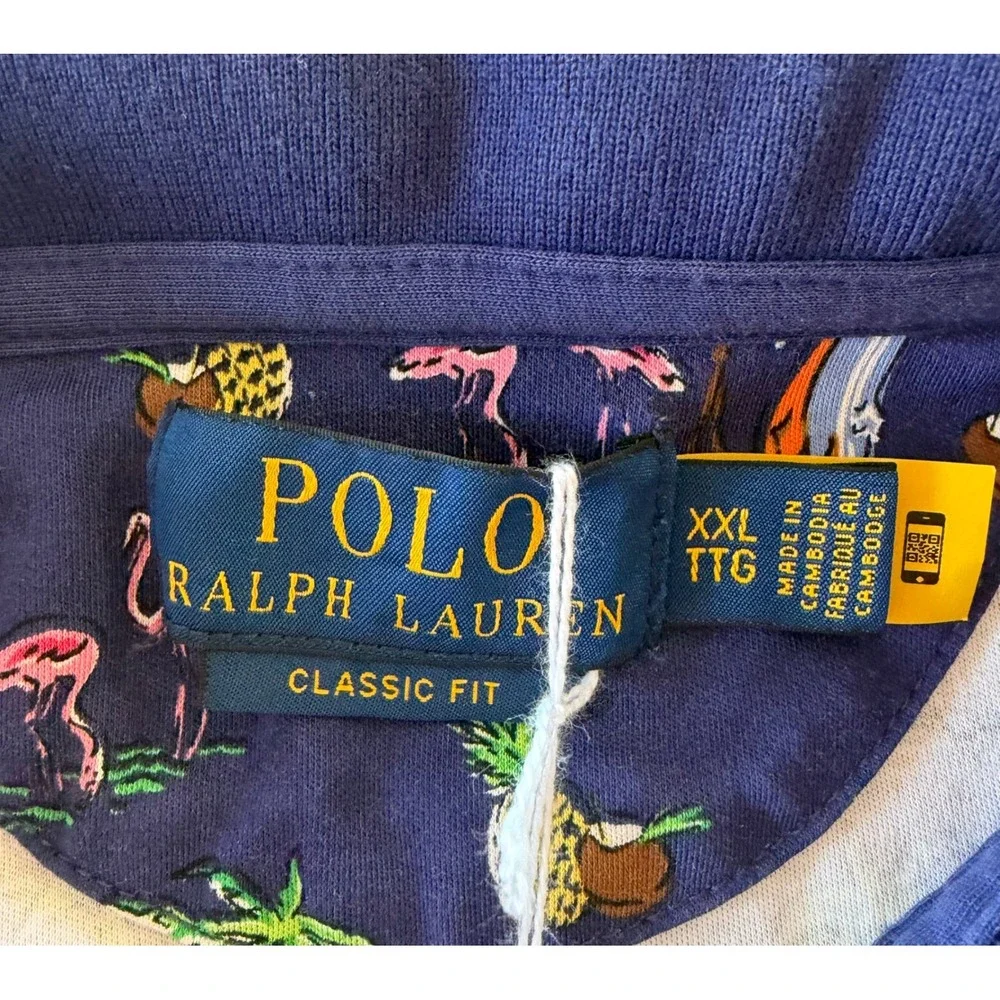 Polo Ralph Lauren Mens XXL Navy Blue Tropical Flamingo Pineapple Polo Shirt